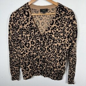 Charter Club Womens Cashmere Cardigan Sweater Sz M Leopard Cheetah Print Luxury